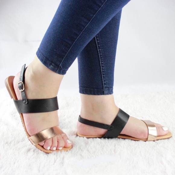Black-Gold Double-Strap Flat Sandal - Picture 2 of 5